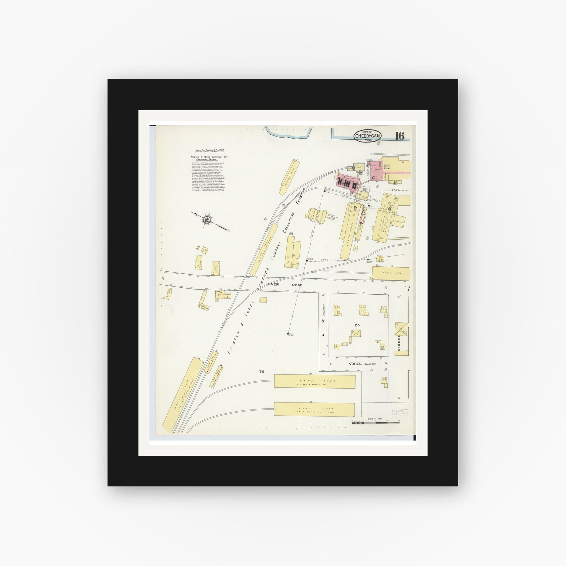 Old map wall art mockup — black gallery frame with white mat — Sanborn Fire Insurance Map from Cheboygan, Cheboygan County, Michigan (1915), Sheet #0016