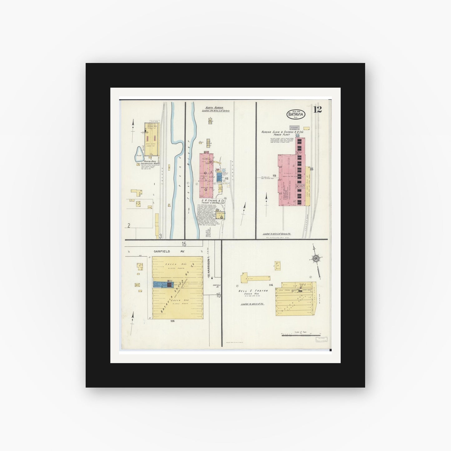 Old map wall art mockup — black gallery frame with white mat — Sanborn Fire Insurance Map from Batavia, Kane County, Illinois (1916), Sheet #0012