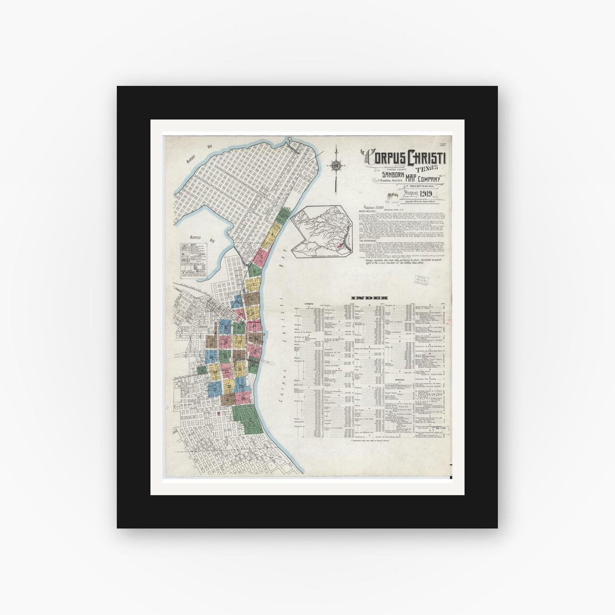 Old map wall art mockup — black gallery frame with white mat — Sanborn Fire Insurance Map from Corpus Christi, Nueces County, Texas (1919) - Complete Map Set