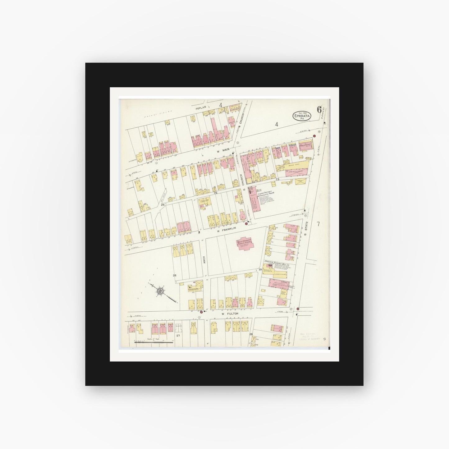 Old map wall art mockup — black gallery frame with white mat — Sanborn Fire Insurance Map from Ephrata, Lancaster County, Pennsylvania (1912), Sheet #0006