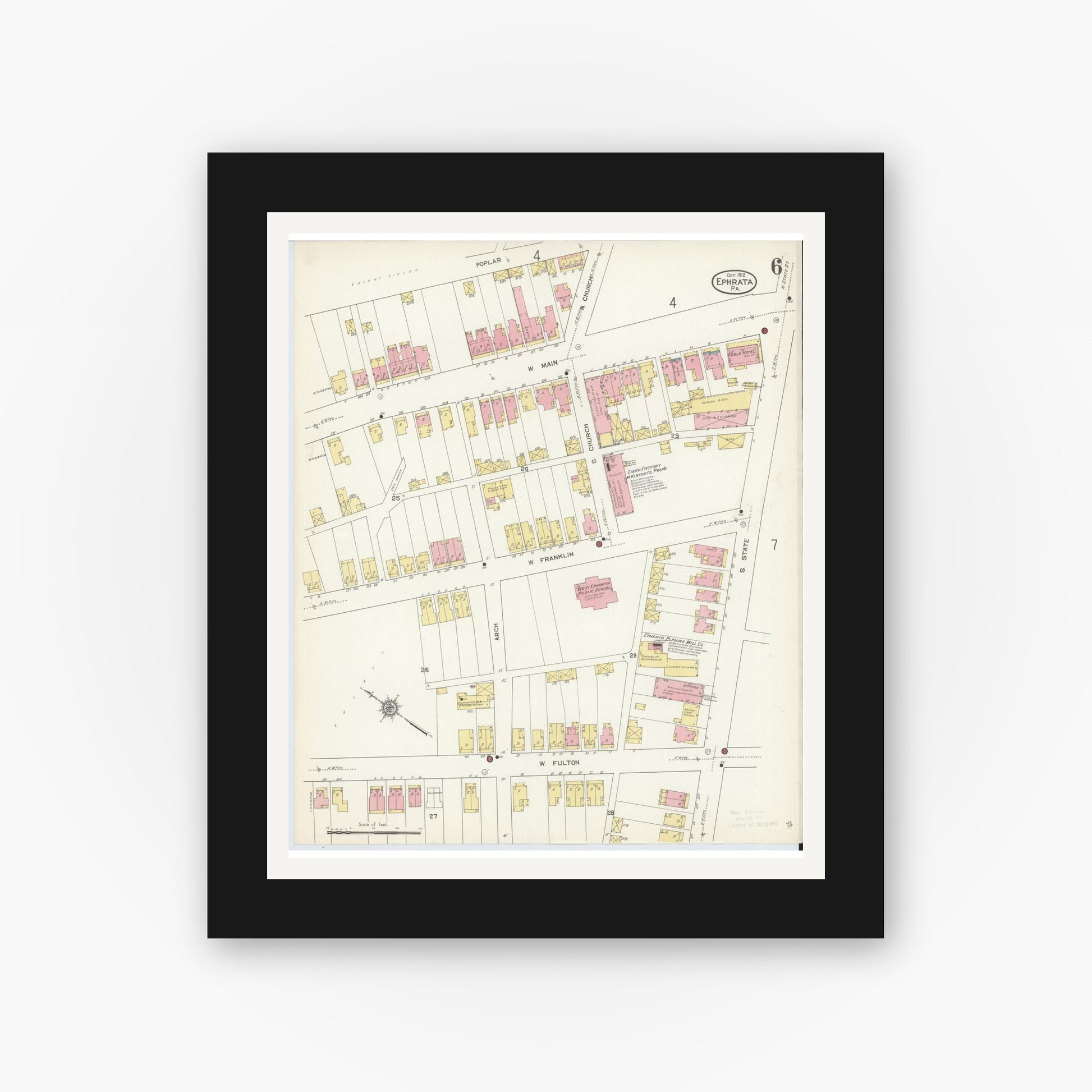 Old map wall art mockup — black gallery frame with white mat — Sanborn Fire Insurance Map from Ephrata, Lancaster County, Pennsylvania (1912), Sheet #0006