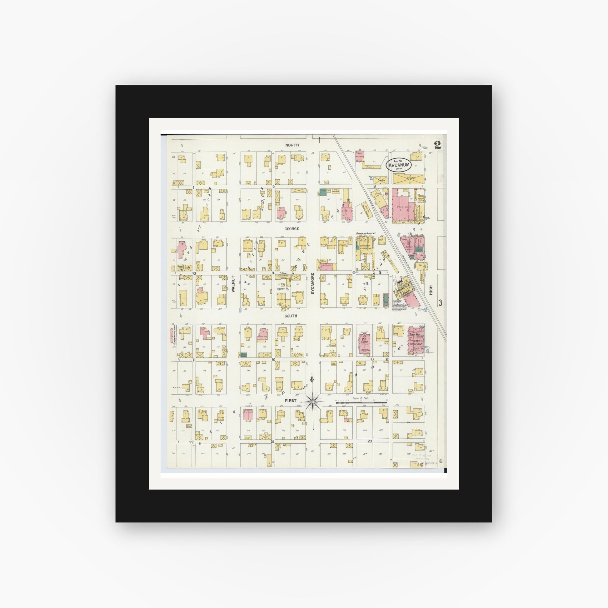 Old map wall art mockup — black gallery frame with white mat — Sanborn Fire Insurance Map from Arcanum, Darke County, Ohio (1901), Sheet #0002
