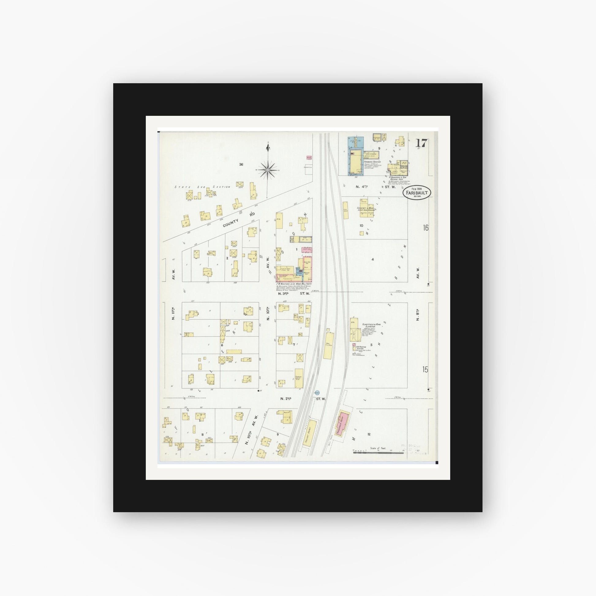 Old map wall art mockup — black gallery frame with white mat — Sanborn Fire Insurance Map from Faribault, Rice County, Minnesota (1909), Sheet #0017