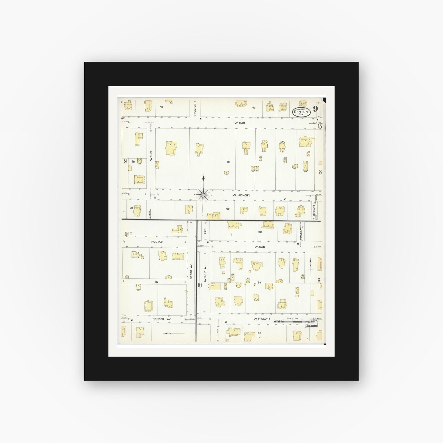 Old map wall art mockup — black gallery frame with white mat — Sanborn Fire Insurance Map from Denton, Denton County, Texas (1907), Sheet #0009