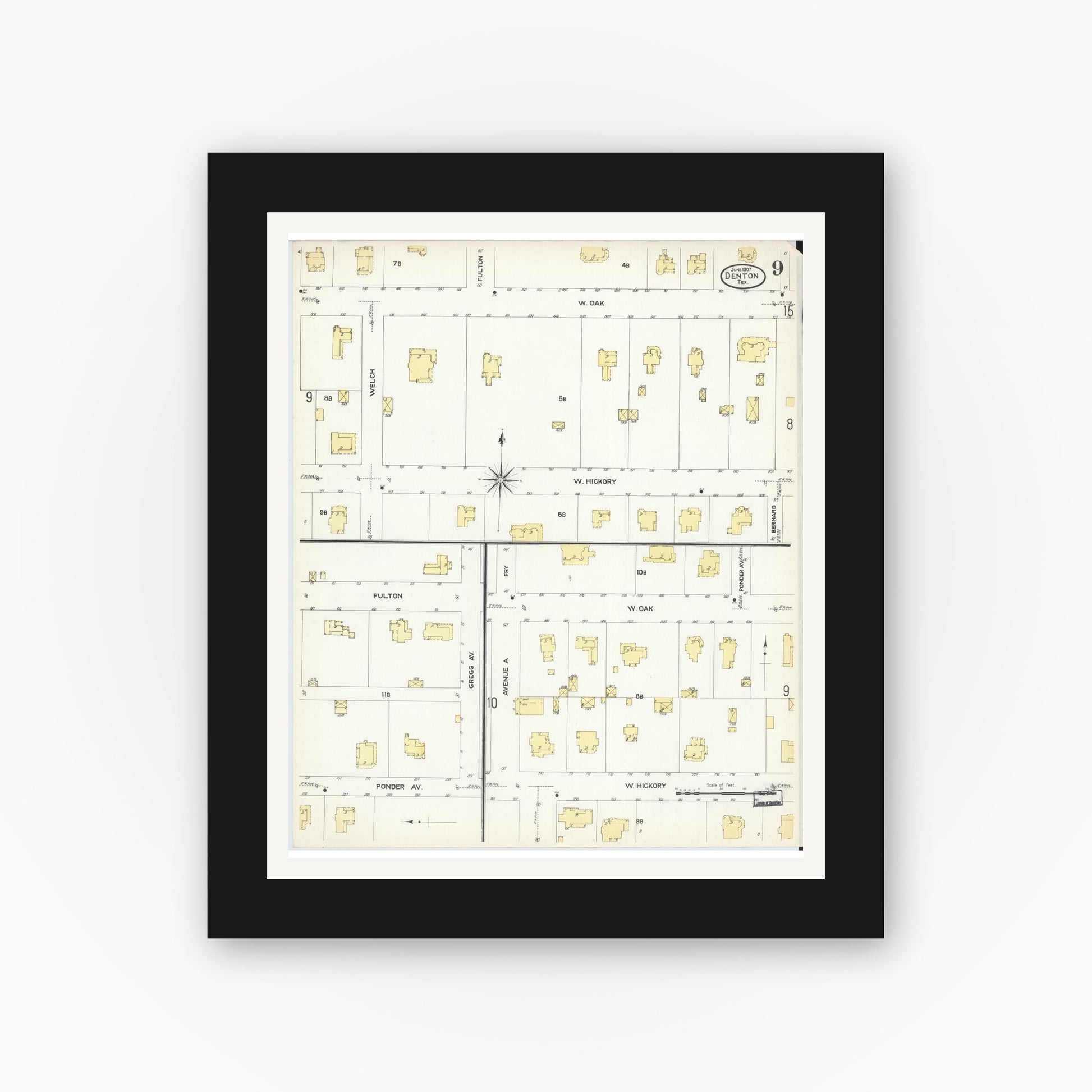 Old map wall art mockup — black gallery frame with white mat — Sanborn Fire Insurance Map from Denton, Denton County, Texas (1907), Sheet #0009