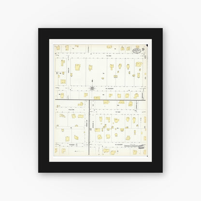 Old map wall art mockup — black gallery frame with white mat — Sanborn Fire Insurance Map from Denton, Denton County, Texas (1907), Sheet #0009