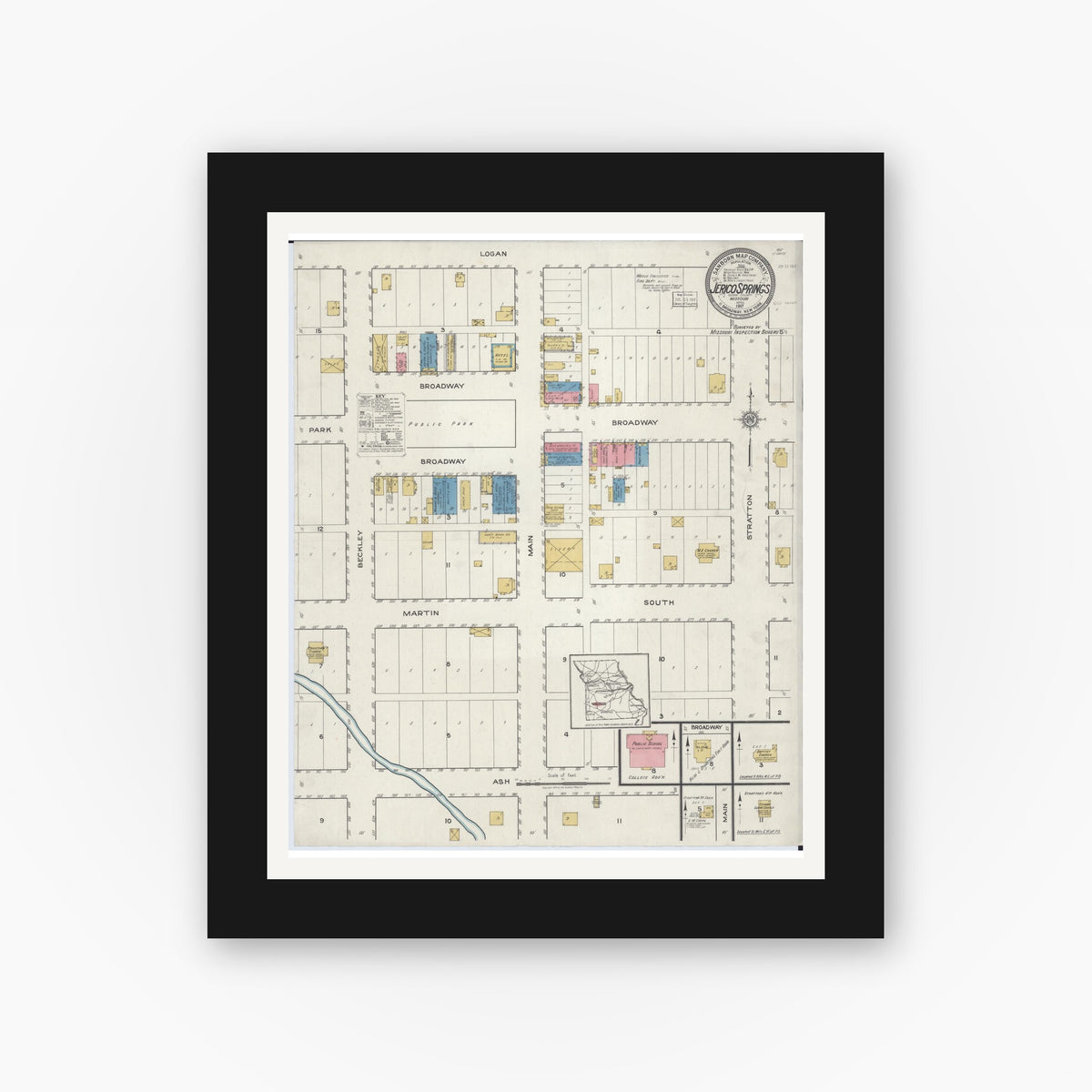 Old map wall art mockup — black gallery frame with white mat — Sanborn Fire Insurance Map from Jerico Springs, Cedar County, Missouri (1917), Sheet #0001