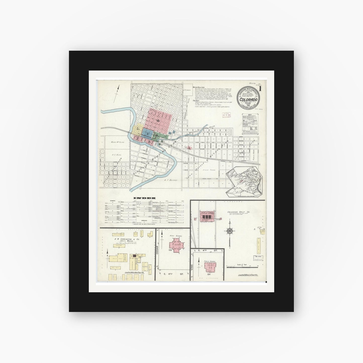 Old map wall art mockup — black gallery frame with white mat — Sanborn Fire Insurance Map from Colorado, Mitchell County, Texas (1914), Sheet #0001