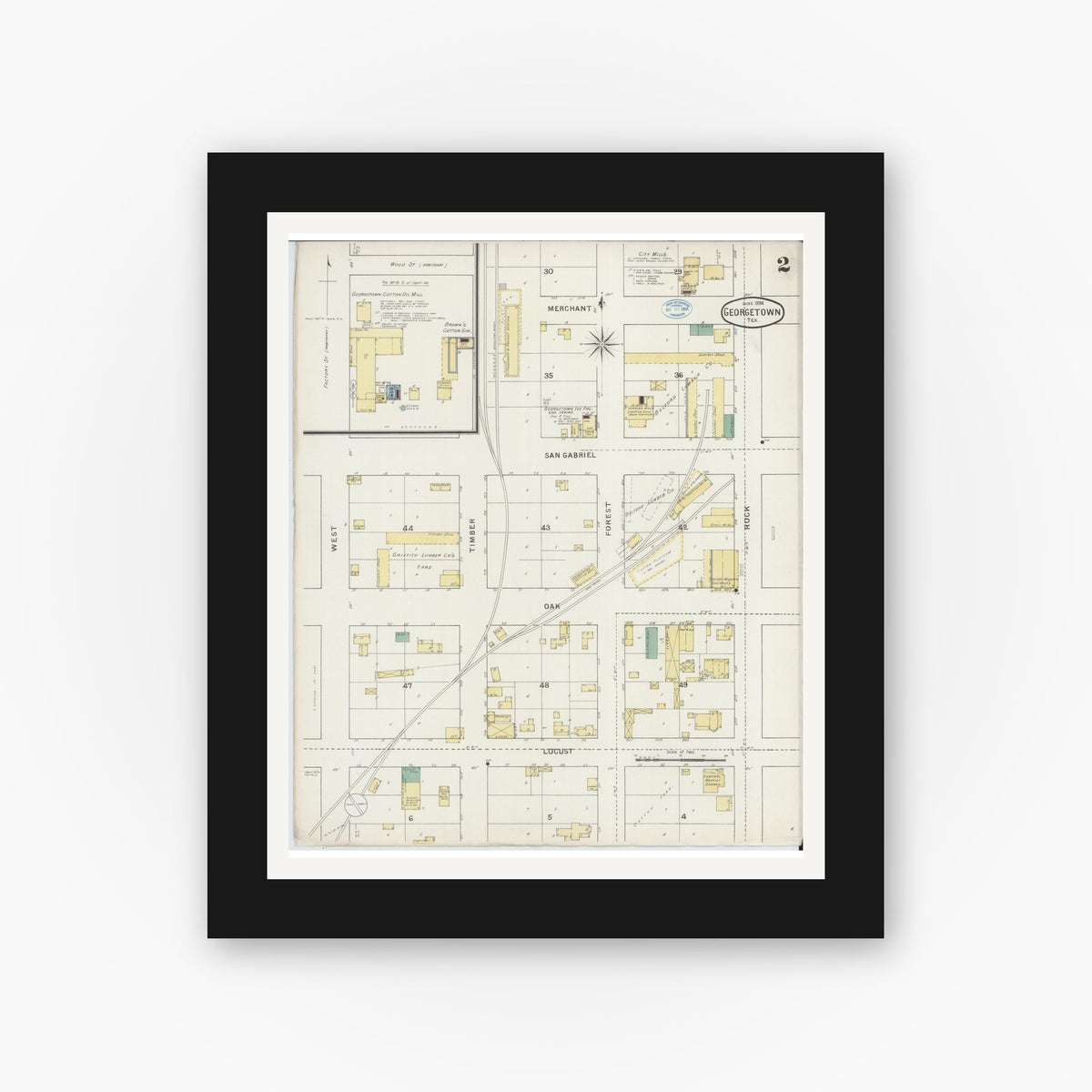Old map wall art mockup — black gallery frame with white mat — Sanborn Fire Insurance Map from Georgetown, Williamson County, Texas (1894), Sheet #0002