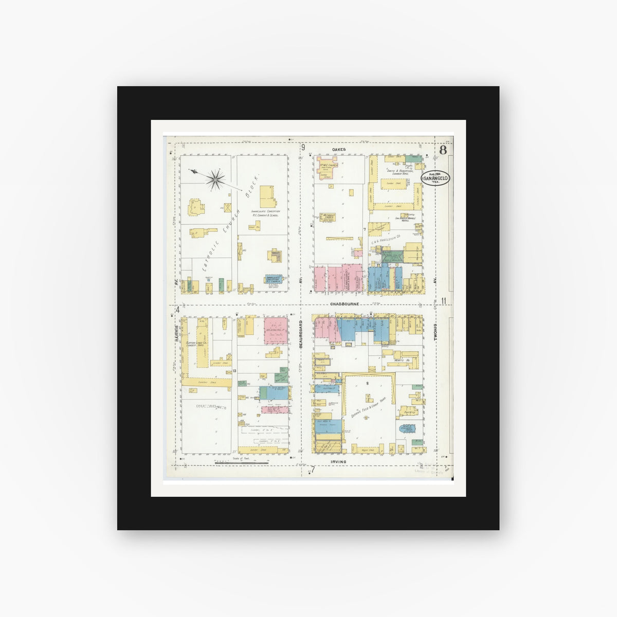 Old map wall art mockup — black gallery frame with white mat — Sanborn Fire Insurance Map from San Angelo, Tom Green County, Texas (1904), Sheet #0008