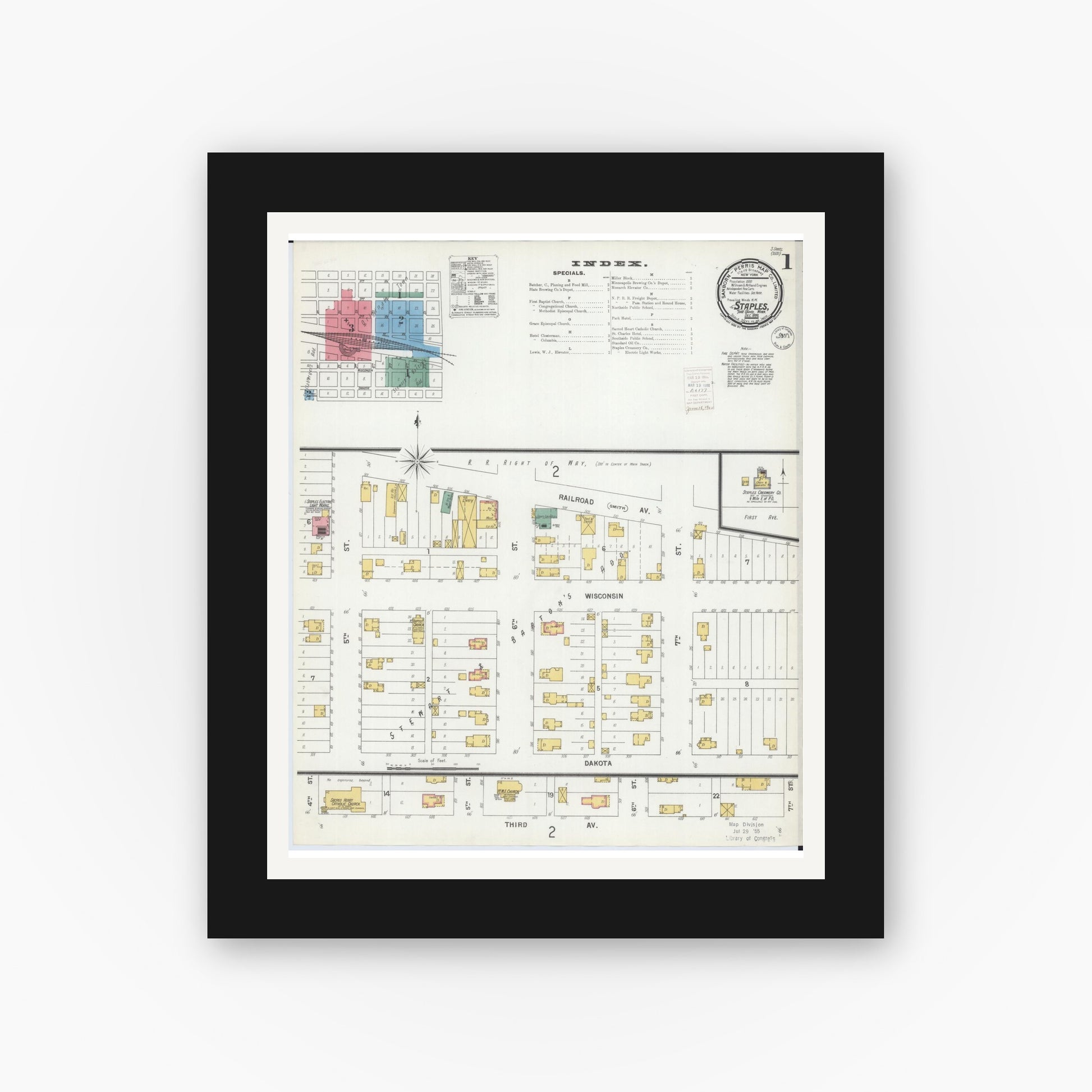 Old map wall art mockup — black gallery frame with white mat — Sanborn Fire Insurance Map from Staples, Todd County, Minnesota (1899) - Complete Map Set