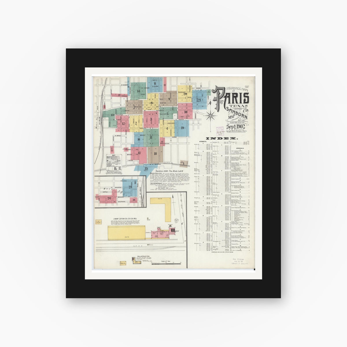 Old map wall art mockup — black gallery frame with white mat — Sanborn Fire Insurance Map from Paris, Lamar County, Texas (1902), Sheet #0001