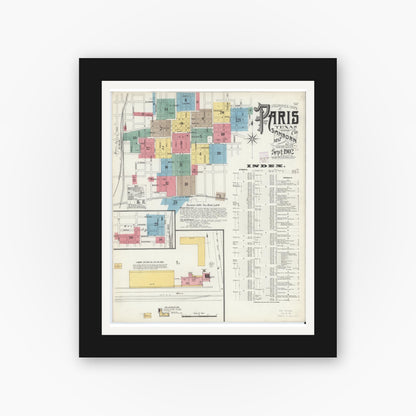 Old map wall art mockup — black gallery frame with white mat — Sanborn Fire Insurance Map from Paris, Lamar County, Texas (1902), Sheet #0001
