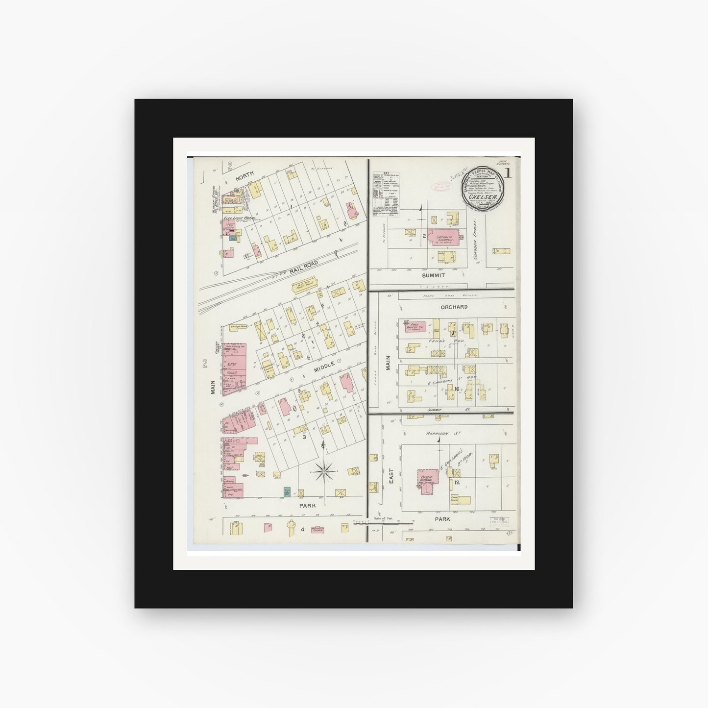 Old map wall art mockup — black gallery frame with white mat — Sanborn Fire Insurance Map from Chelsea, Washtenaw County, Michigan (1892), Sheet #0001