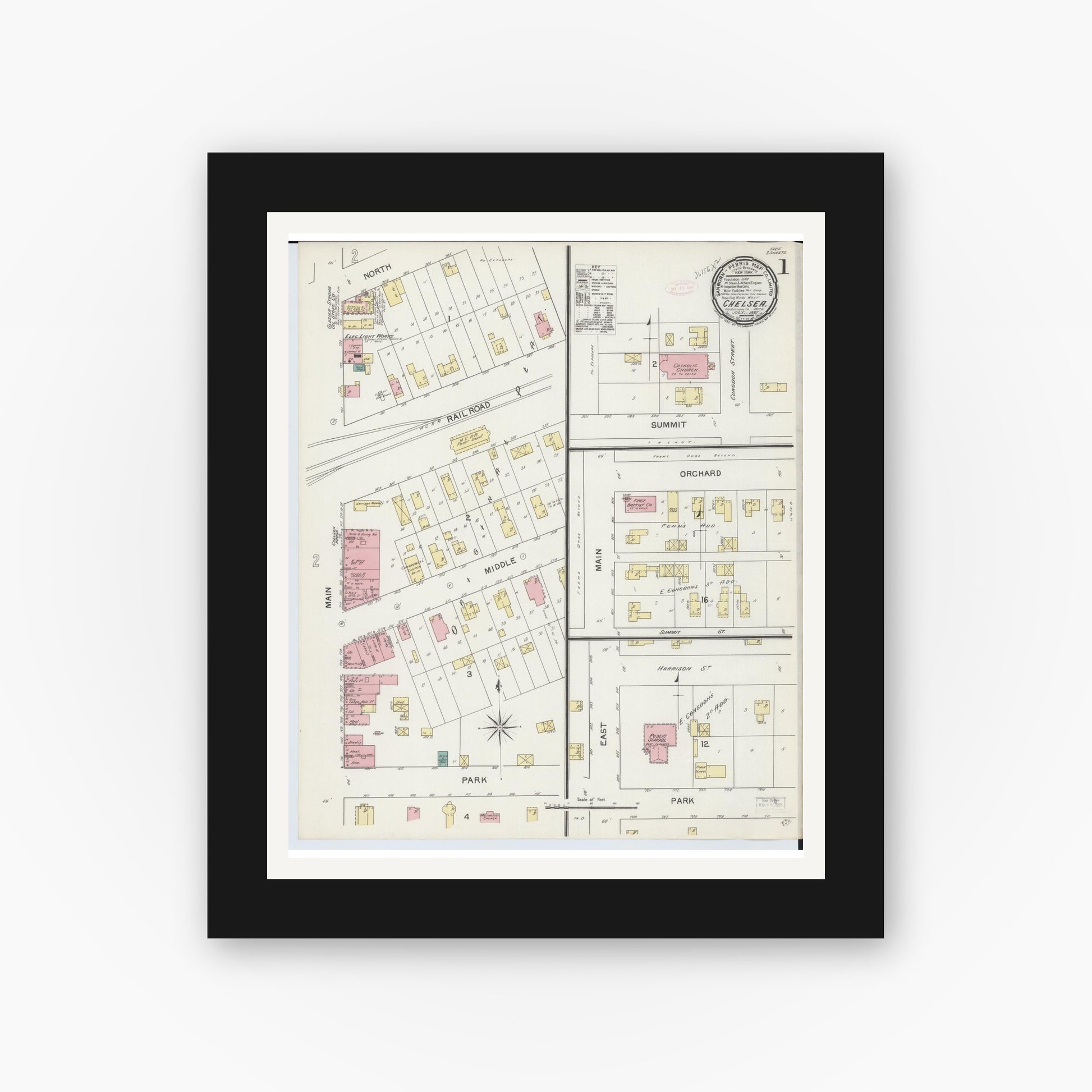 Old map wall art mockup — black gallery frame with white mat — Sanborn Fire Insurance Map from Chelsea, Washtenaw County, Michigan (1892), Sheet #0001
