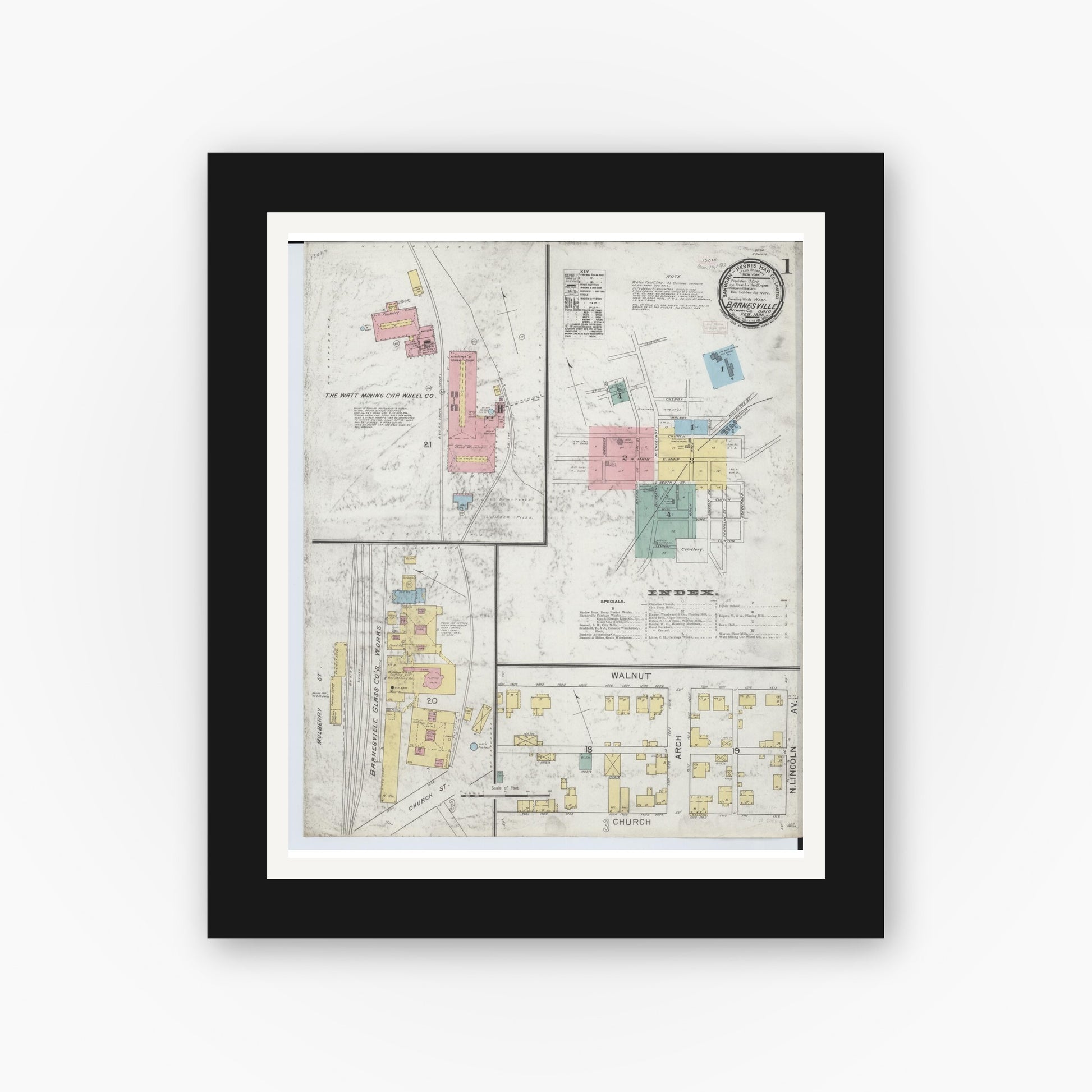 Old map wall art mockup — black gallery frame with white mat — Sanborn Fire Insurance Map from Barnesville, Belmont County, Ohio (1893), Sheet #0001