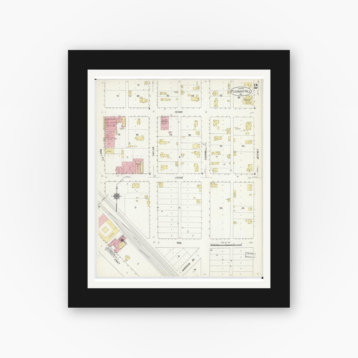 Old map wall art mockup — black gallery frame with white mat — Sanborn Fire Insurance Map from Pleasant Hill, Cass County, Missouri (1913), Sheet #0002