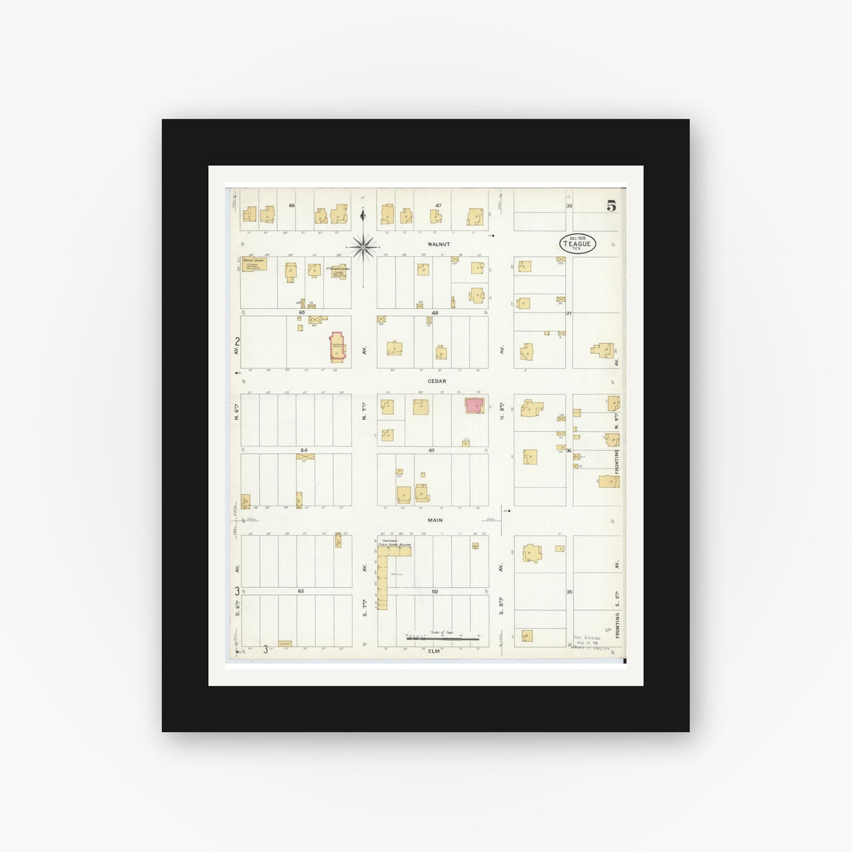 Old map wall art mockup — black gallery frame with white mat — Sanborn Fire Insurance Map from Teague, Freestone County, Texas (1908), Sheet #0005