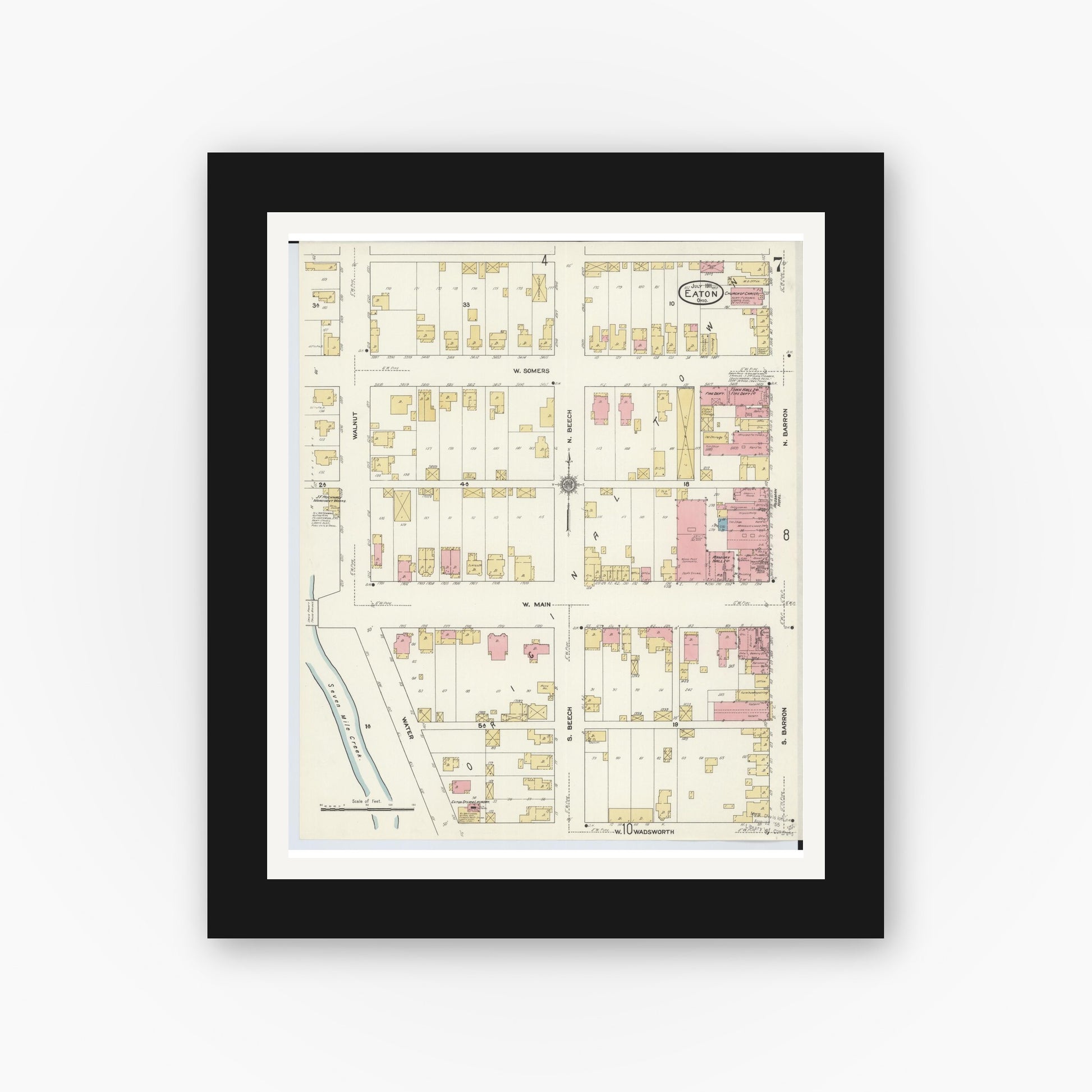 Old map wall art mockup — black gallery frame with white mat — Sanborn Fire Insurance Map from Eaton, Preble County, Ohio (1911), Sheet #0007