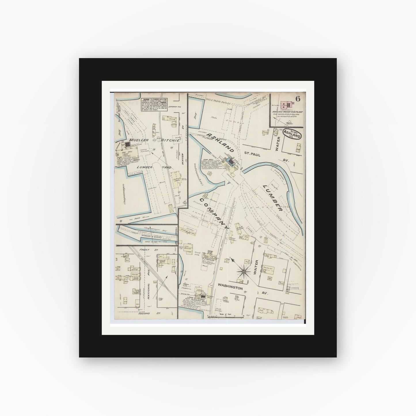 Old map wall art mockup — black gallery frame with white mat — Sanborn Fire Insurance Map from Ashland, Ashland County, Wisconsin (1884), Sheet #0006