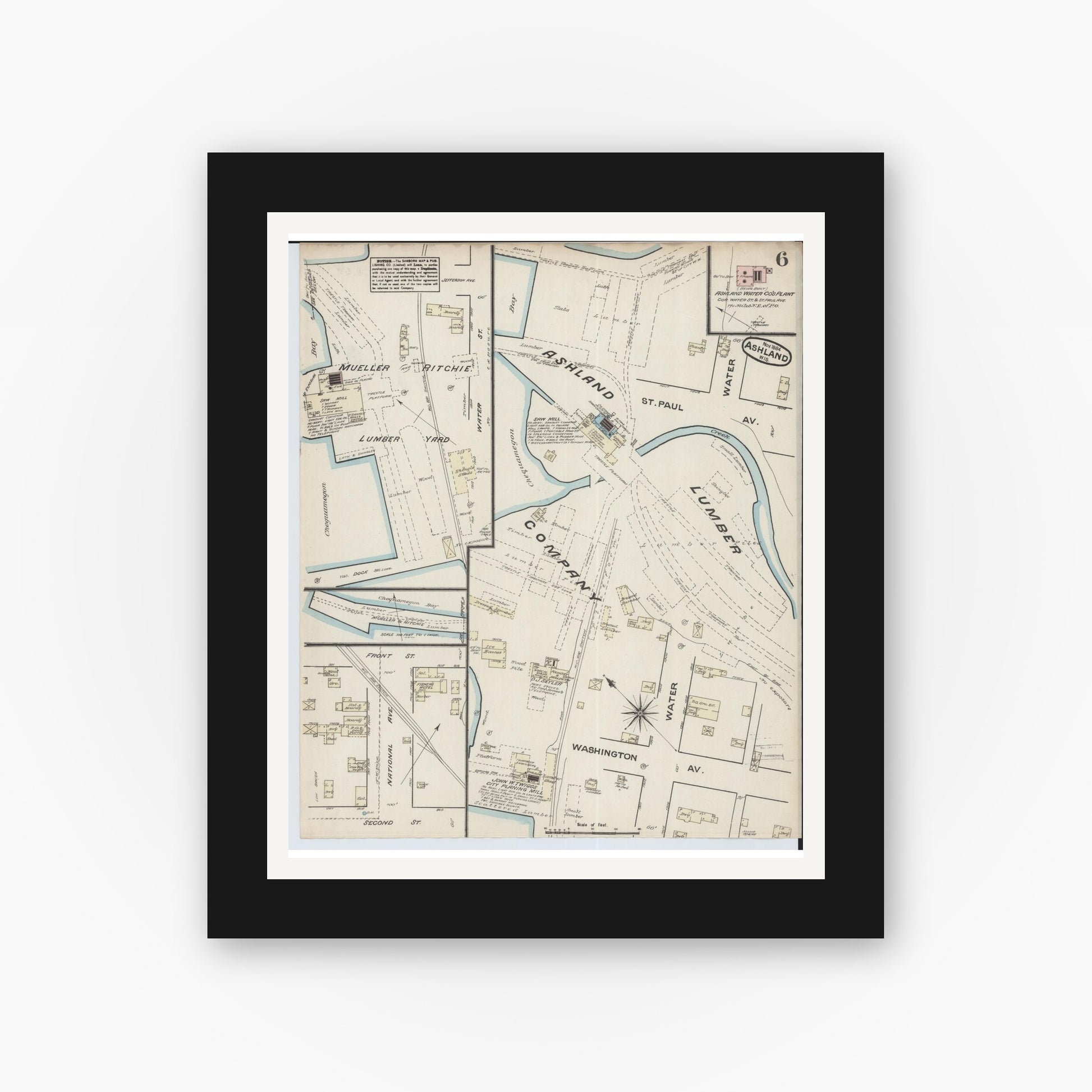 Old map wall art mockup — black gallery frame with white mat — Sanborn Fire Insurance Map from Ashland, Ashland County, Wisconsin (1884), Sheet #0006