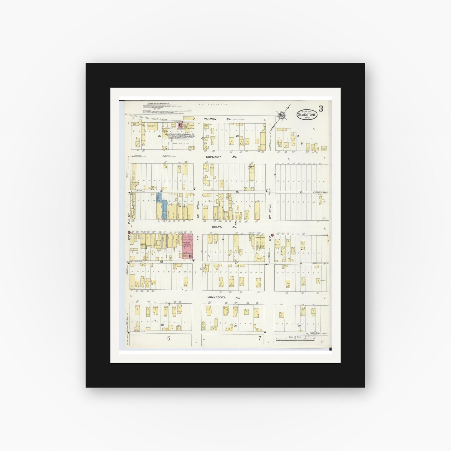Old map wall art mockup — black gallery frame with white mat — Sanborn Fire Insurance Map from Gladstone, Delta County, Michigan (1913), Sheet #0003