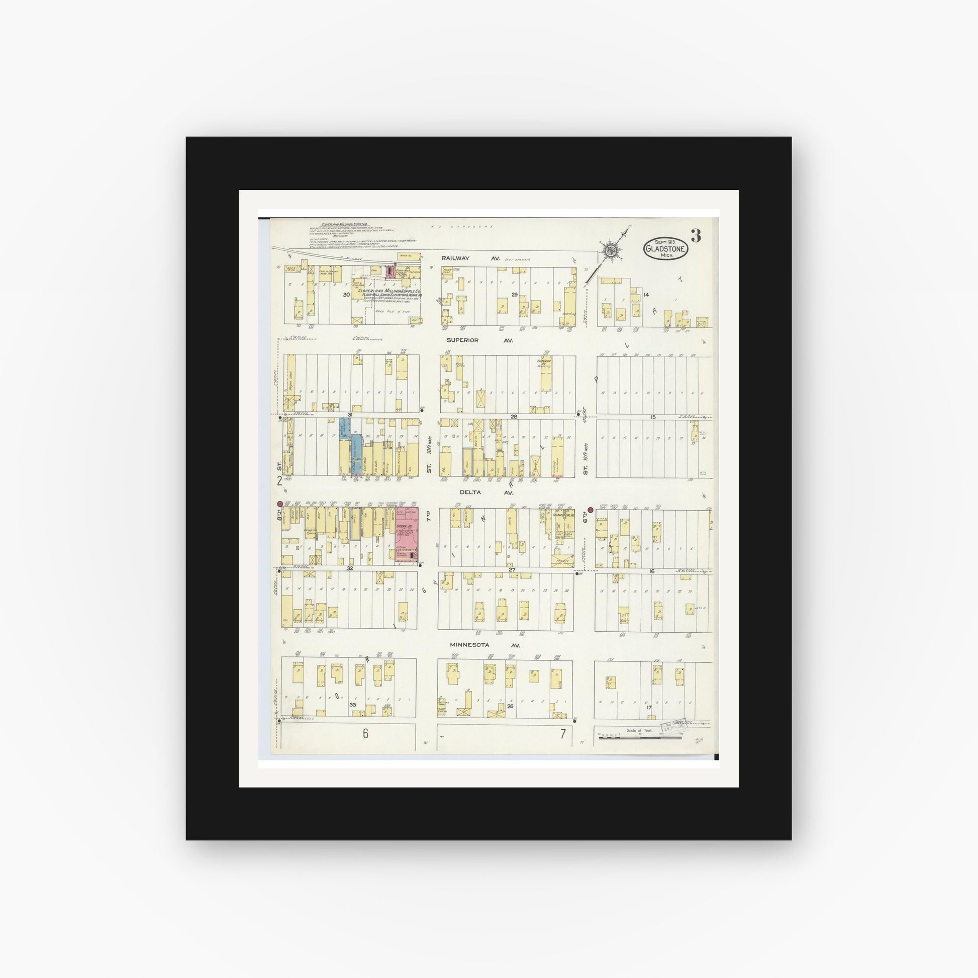 Old map wall art mockup — black gallery frame with white mat — Sanborn Fire Insurance Map from Gladstone, Delta County, Michigan (1913), Sheet #0003