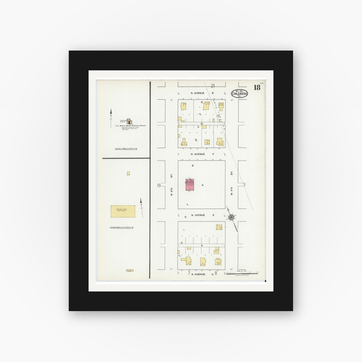 Old map wall art mockup — black gallery frame with white mat — Sanborn Fire Insurance Map from Childress, Childress County, Texas (1921), Sheet #0018