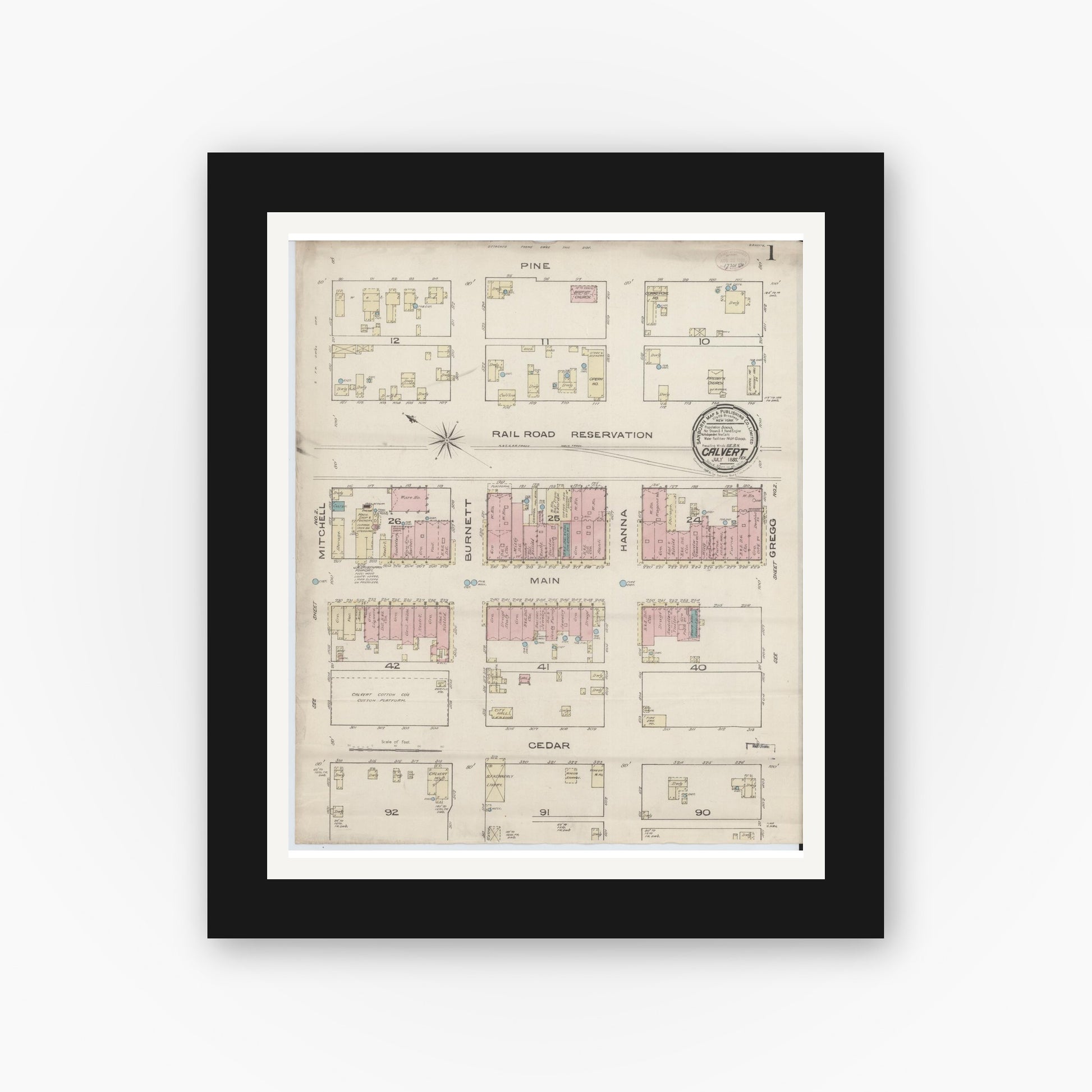 Old map wall art mockup — black gallery frame with white mat — Sanborn Fire Insurance Map from Calvert, Robertson County, Texas (1885), Sheet #0001