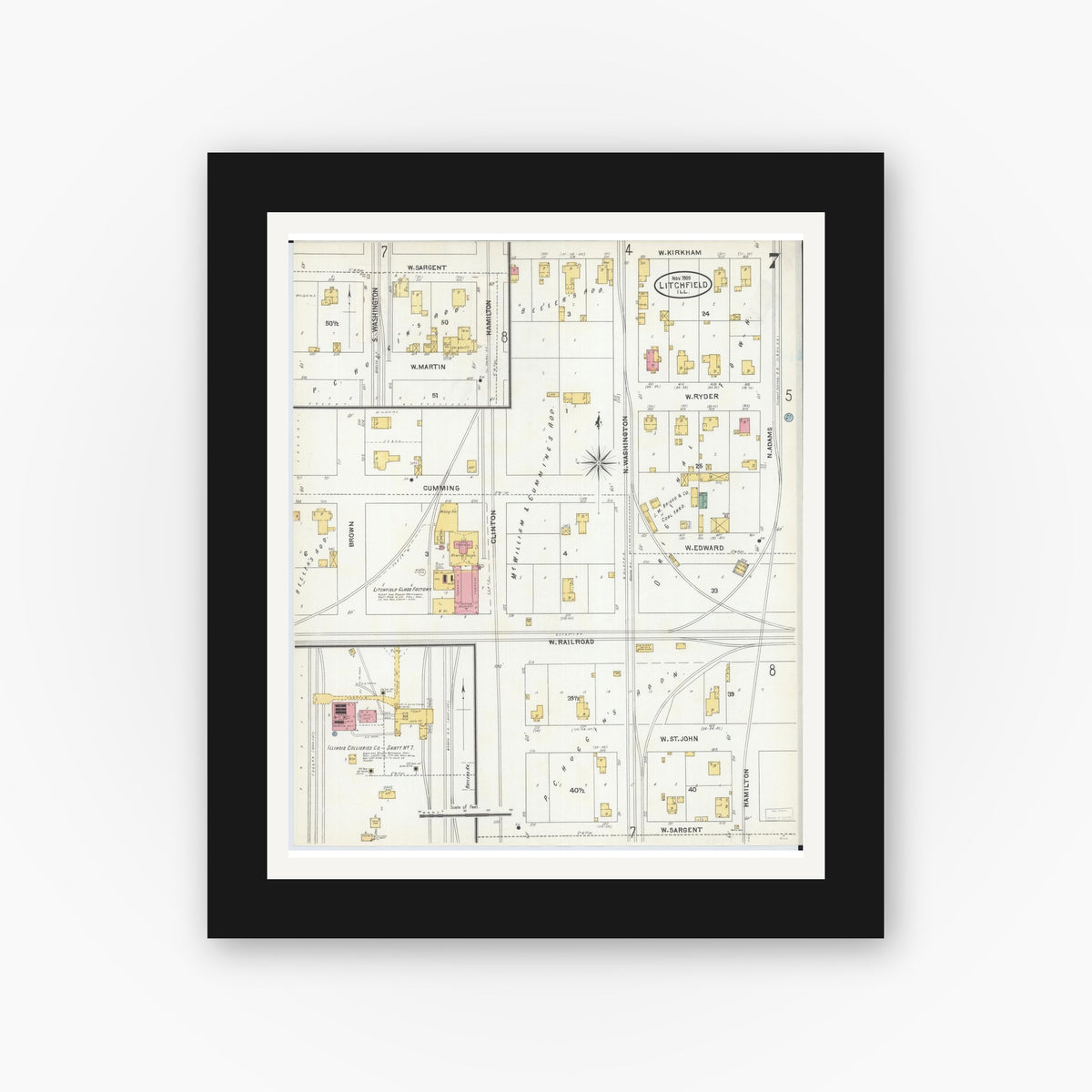 Old map wall art mockup — black gallery frame with white mat — Sanborn Fire Insurance Map from Litchfield, Montgomery County, Illinois (1905), Sheet #0007