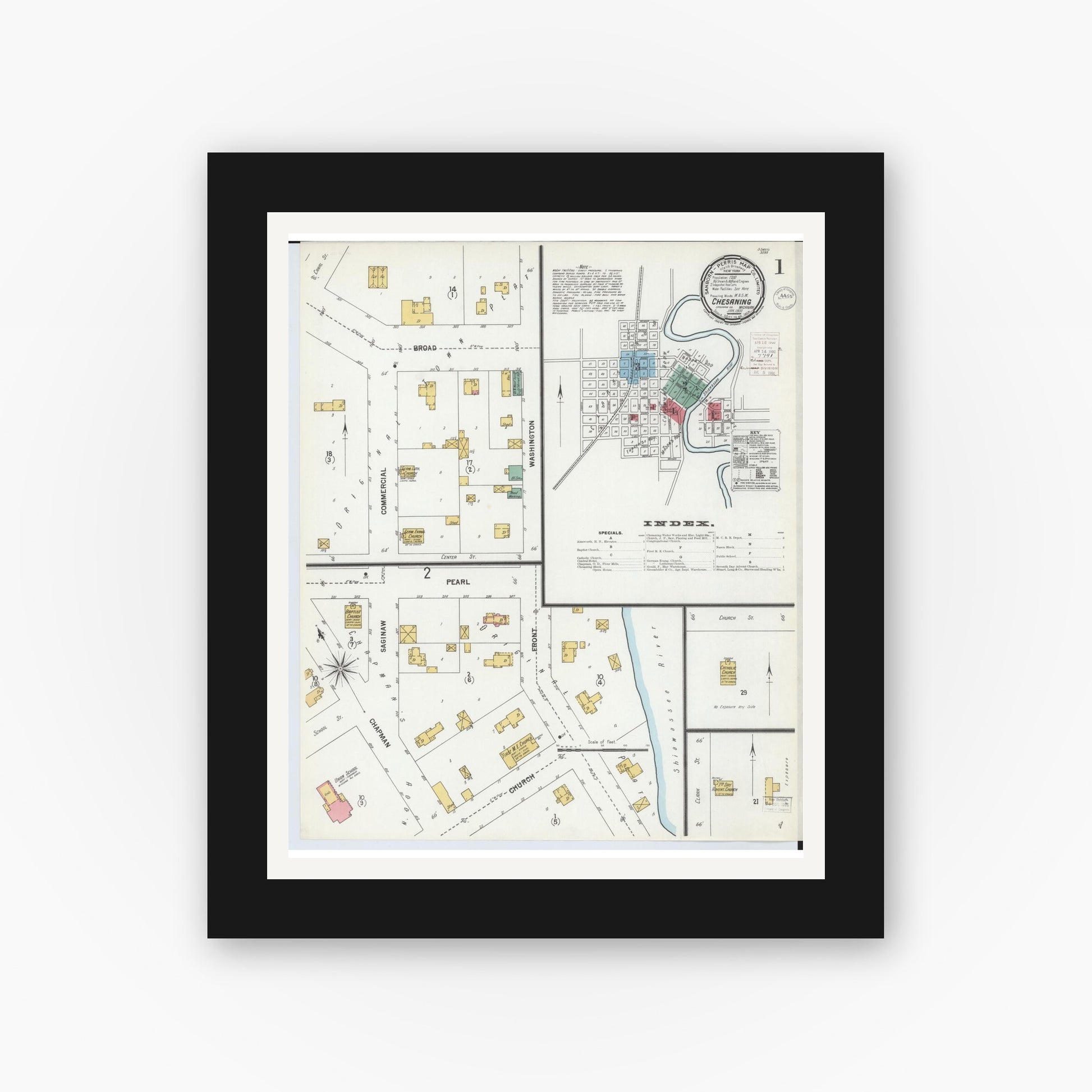 Old map wall art mockup — black gallery frame with white mat — Sanborn Fire Insurance Map from Chesaning, Saginaw County, Michigan (1900) - Complete Map Set