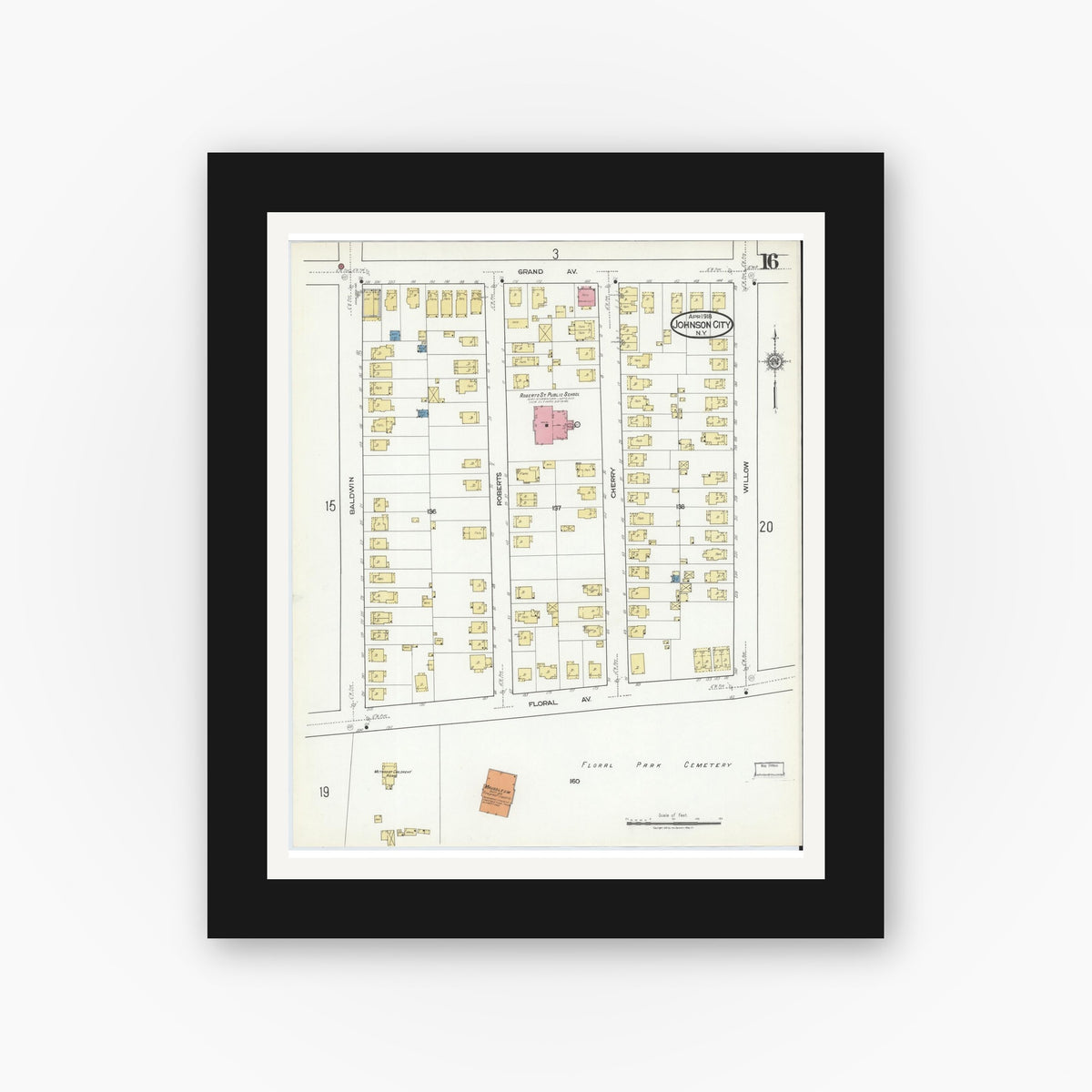 Old map wall art mockup — black gallery frame with white mat — Sanborn Fire Insurance Map from Johnson City, Broome County, New York (1918), Sheet #0016