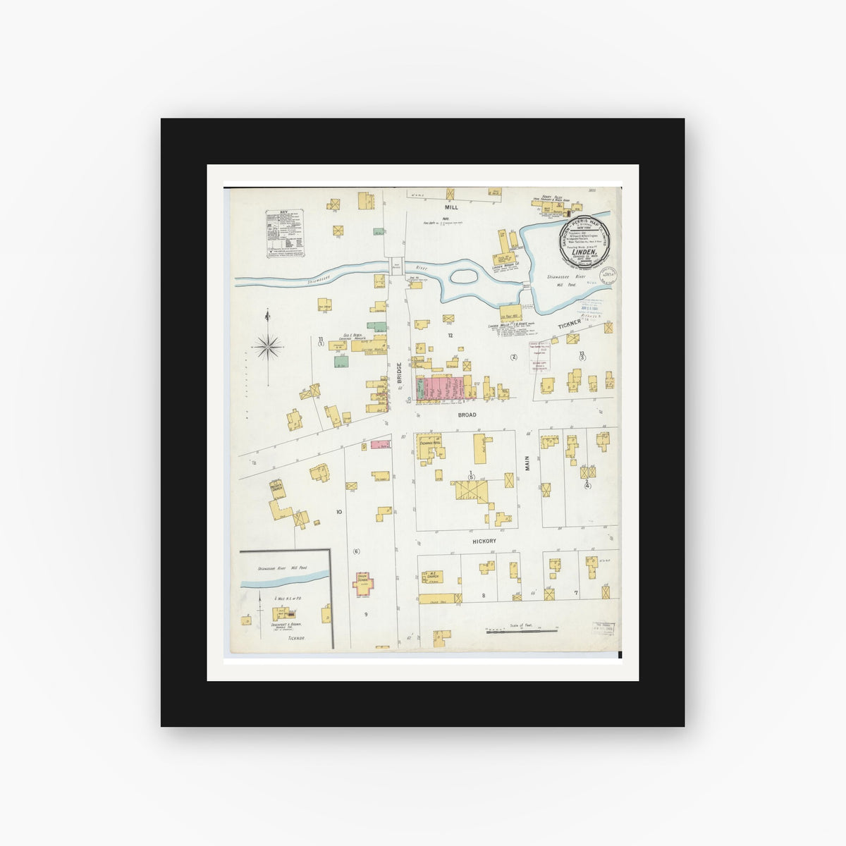 Old map wall art mockup — black gallery frame with white mat — Sanborn Fire Insurance Map from Linden, Genesee County, Michigan (1900), Sheet #0001