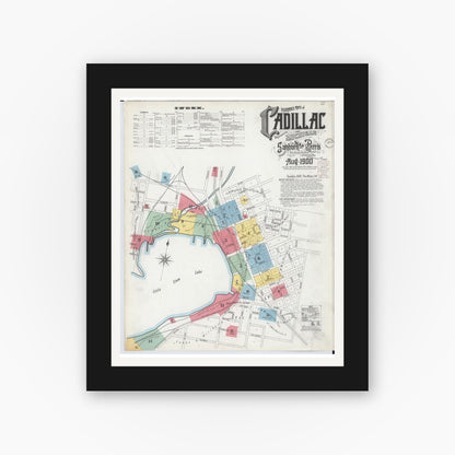 Old map wall art mockup — black gallery frame with white mat — Sanborn Fire Insurance Map from Cadillac, Wexford County, Michigan (1900), Sheet #0001