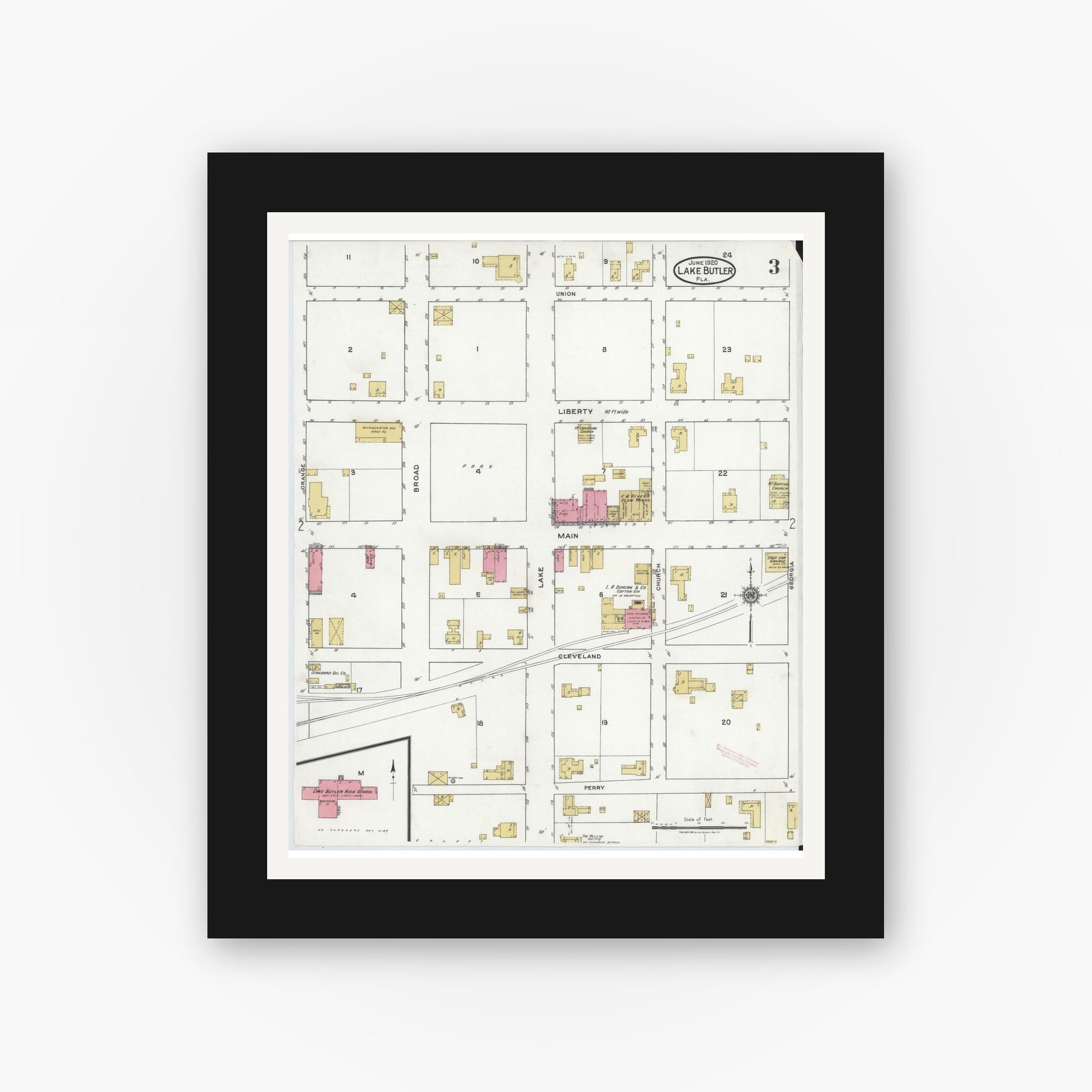 Old map wall art mockup — black gallery frame with white mat — Sanborn Fire Insurance Map from Lake Butler, Union County, Florida (1920), Sheet #0003