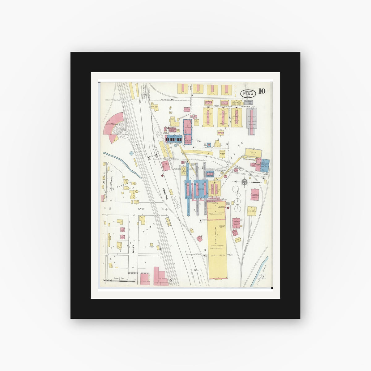 Old map wall art mockup — black gallery frame with white mat — Sanborn Fire Insurance Map from Peru, La Salle County, Illinois (1916), Sheet #0010