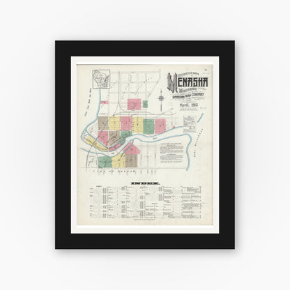 Old map wall art mockup — black gallery frame with white mat — Sanborn Fire Insurance Map from Menasha, Winnebago County, Wisconsin (1913), Sheet #0001