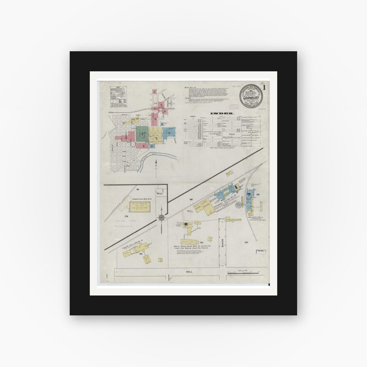 Old map wall art mockup — black gallery frame with white mat — Sanborn Fire Insurance Map from Granbury, Hood County, Texas (1910) - Complete Map Set