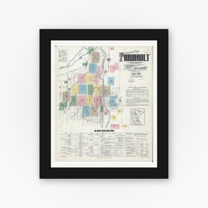 Old map wall art mockup — black gallery frame with white mat — Sanborn Fire Insurance Map from Faribault, Rice County, Minnesota (1914), Sheet #0001