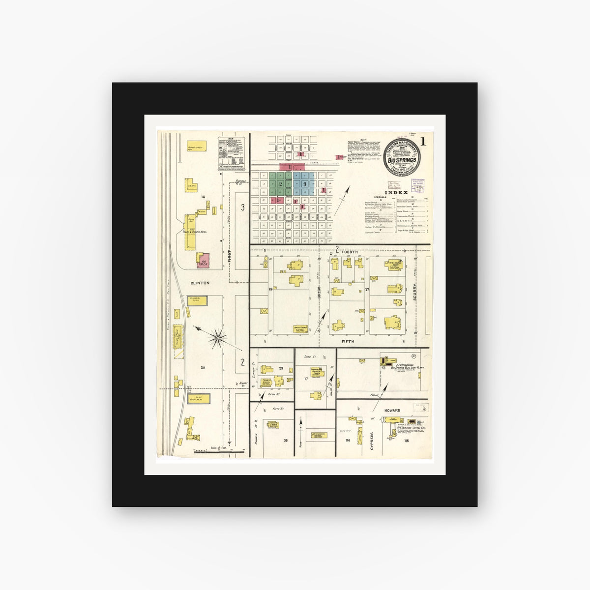Old map wall art mockup — black gallery frame with white mat — Sanborn Fire Insurance Map from Big Spring, Howard County, Texas (1905), Sheet #0001