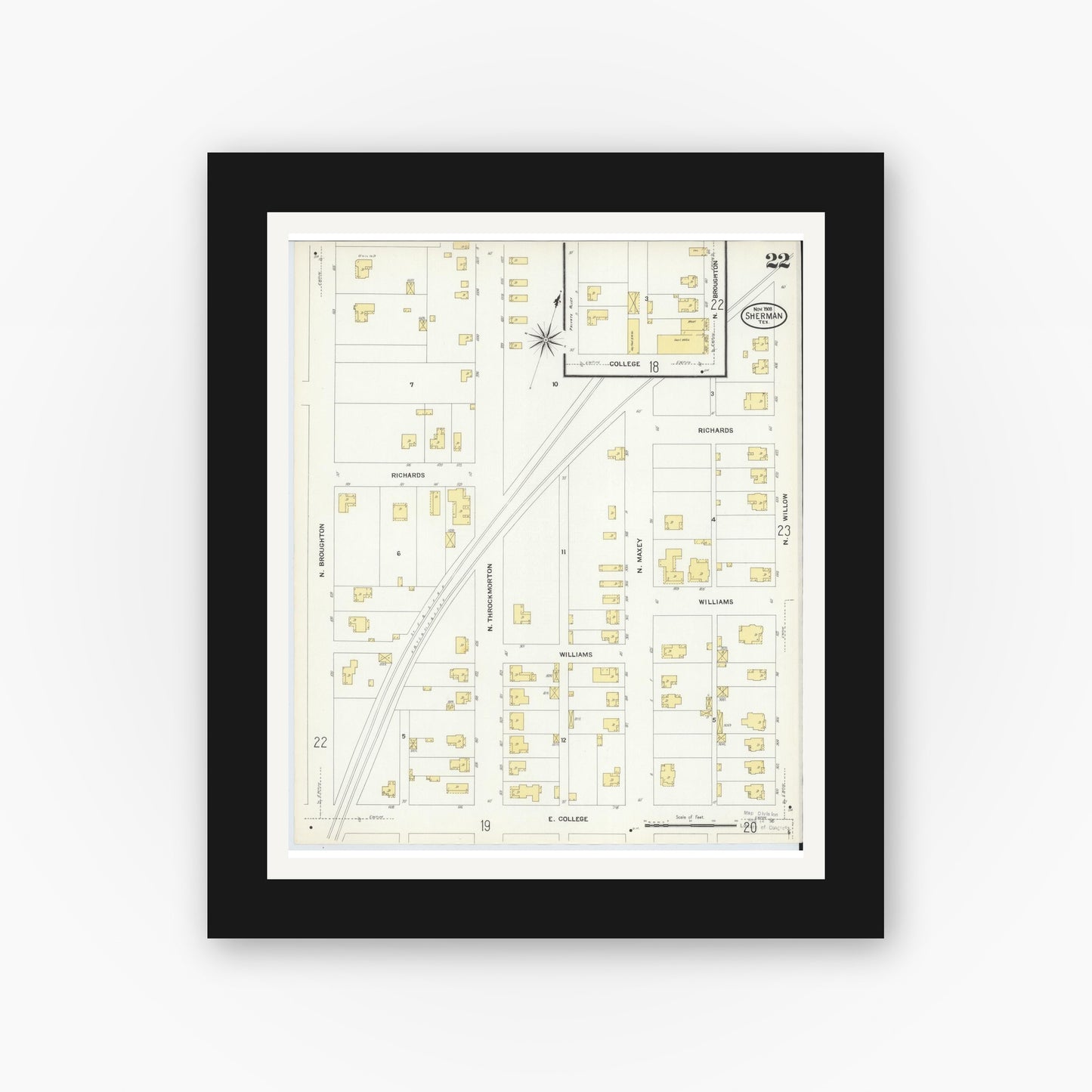 Old map wall art mockup — black gallery frame with white mat — Sanborn Fire Insurance Map from Sherman, Grayson County, Texas (1908), Sheet #0022
