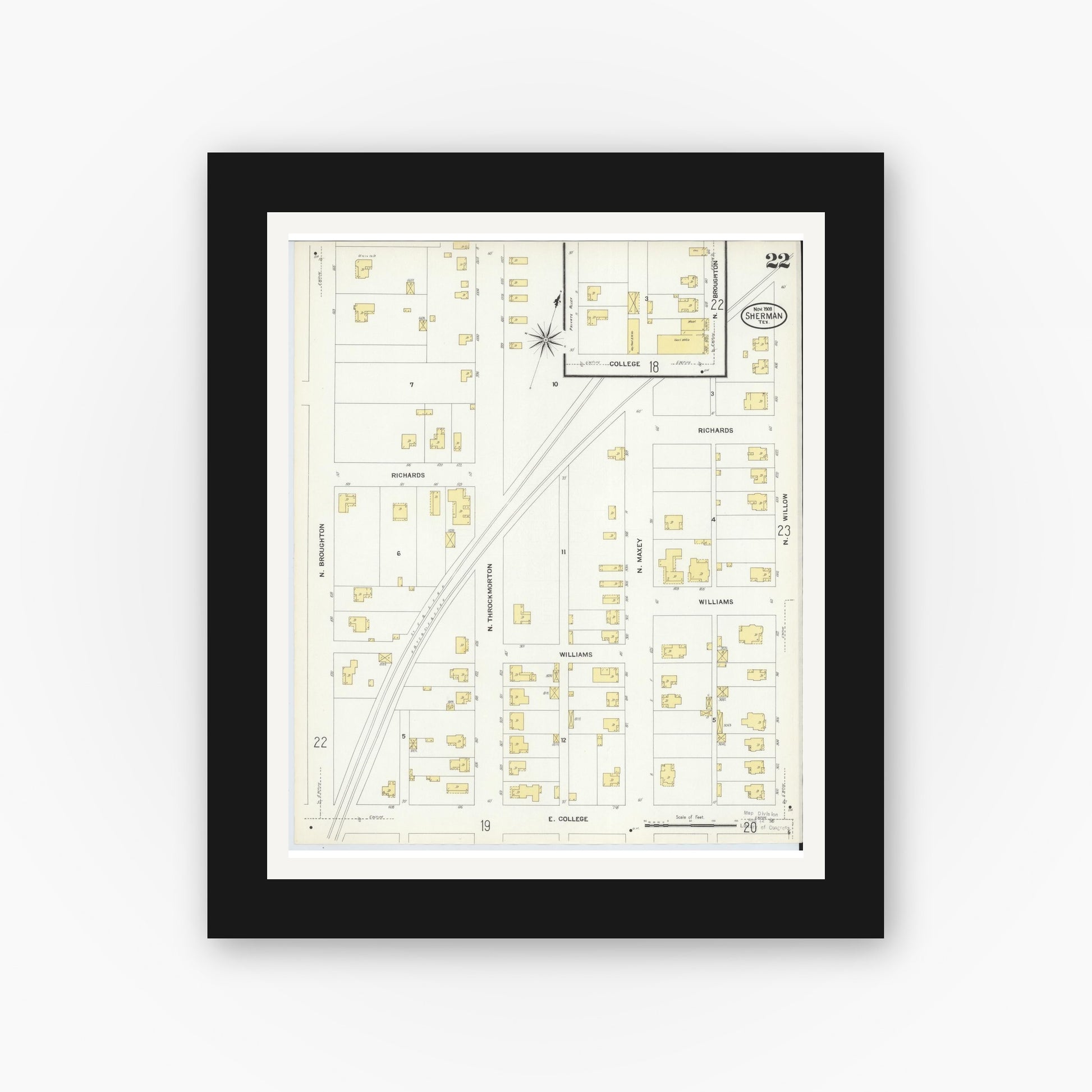 Old map wall art mockup — black gallery frame with white mat — Sanborn Fire Insurance Map from Sherman, Grayson County, Texas (1908), Sheet #0022