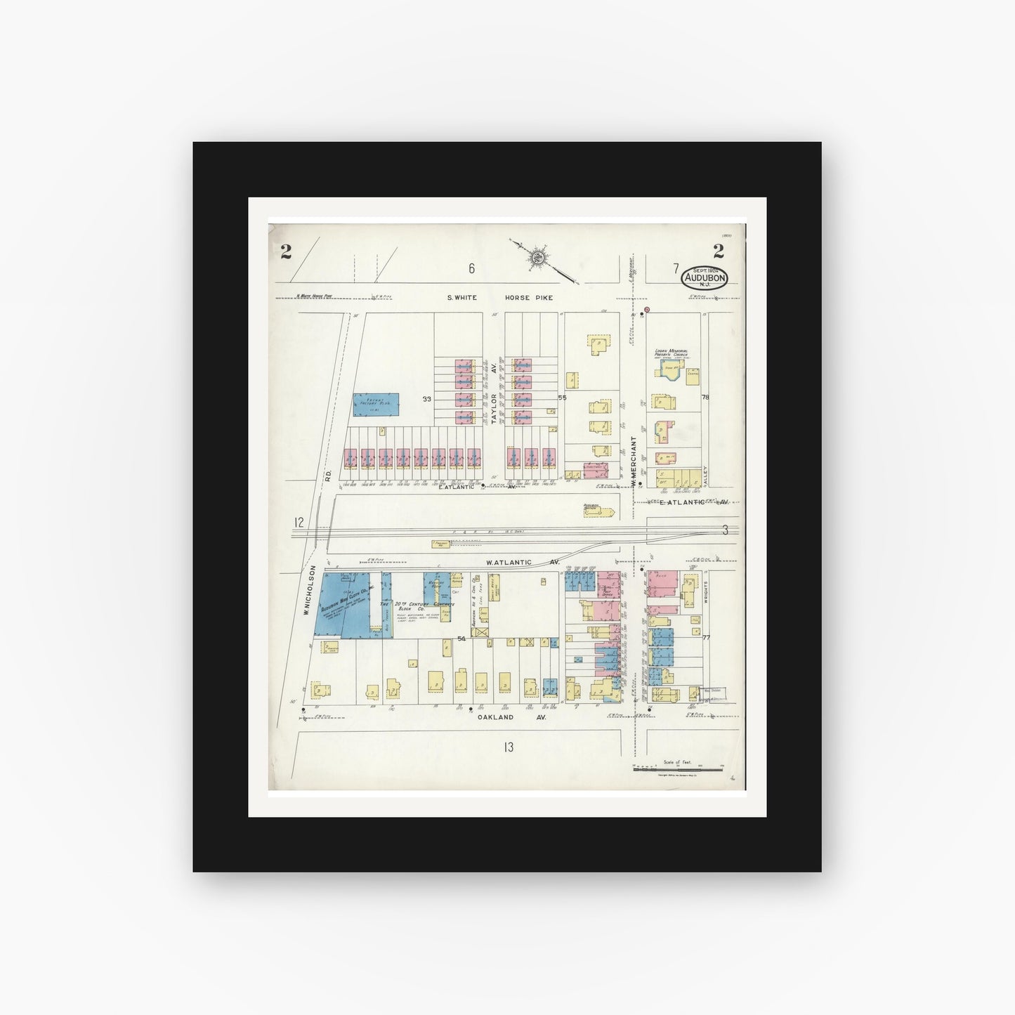 Old map wall art mockup — black gallery frame with white mat — Sanborn Fire Insurance Map from Audubon, Camden County, New Jersey (1924), Sheet #0002