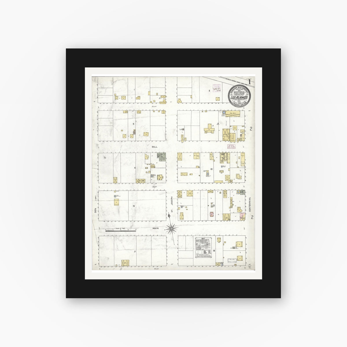Old map wall art mockup — black gallery frame with white mat — Sanborn Fire Insurance Map from Los Alamos, Santa Barbara County, California (1909), Sheet #0001
