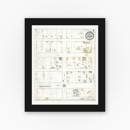 Old map wall art mockup — black gallery frame with white mat — Sanborn Fire Insurance Map from Los Alamos, Santa Barbara County, California (1909), Sheet #0001