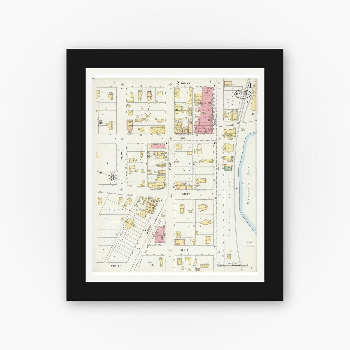 Old map wall art mockup — black gallery frame with white mat — Sanborn Fire Insurance Map from Merrill, Lincoln County, Wisconsin (1898), Sheet #0004