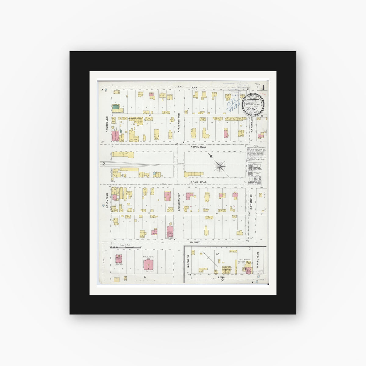 Old map wall art mockup — black gallery frame with white mat — Sanborn Fire Insurance Map from Lena, Stephenson County, Illinois (1898), Sheet #0001