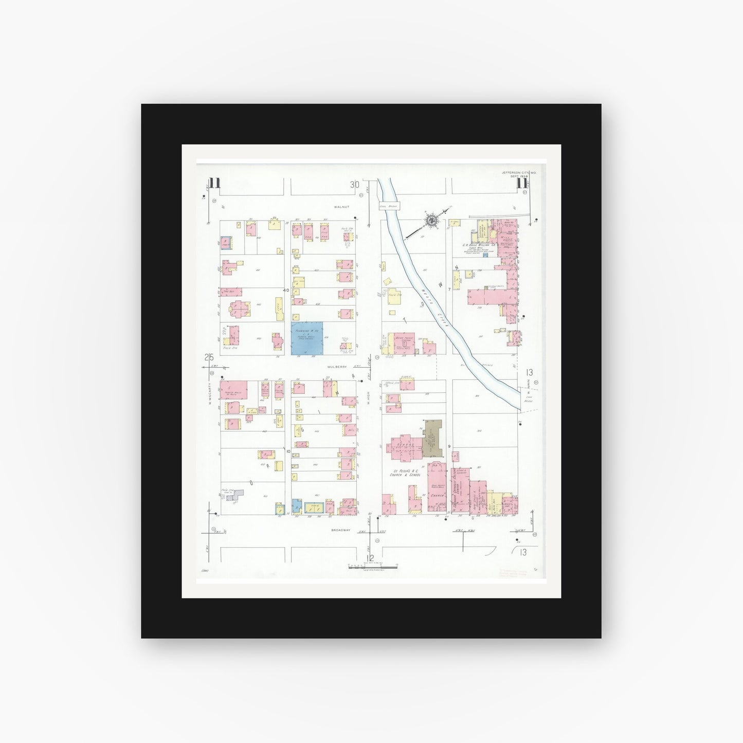 Old map wall art mockup — black gallery frame with white mat — Sanborn Fire Insurance Map from Jefferson City, Cole County, Missouri (1939), Sheet #0011