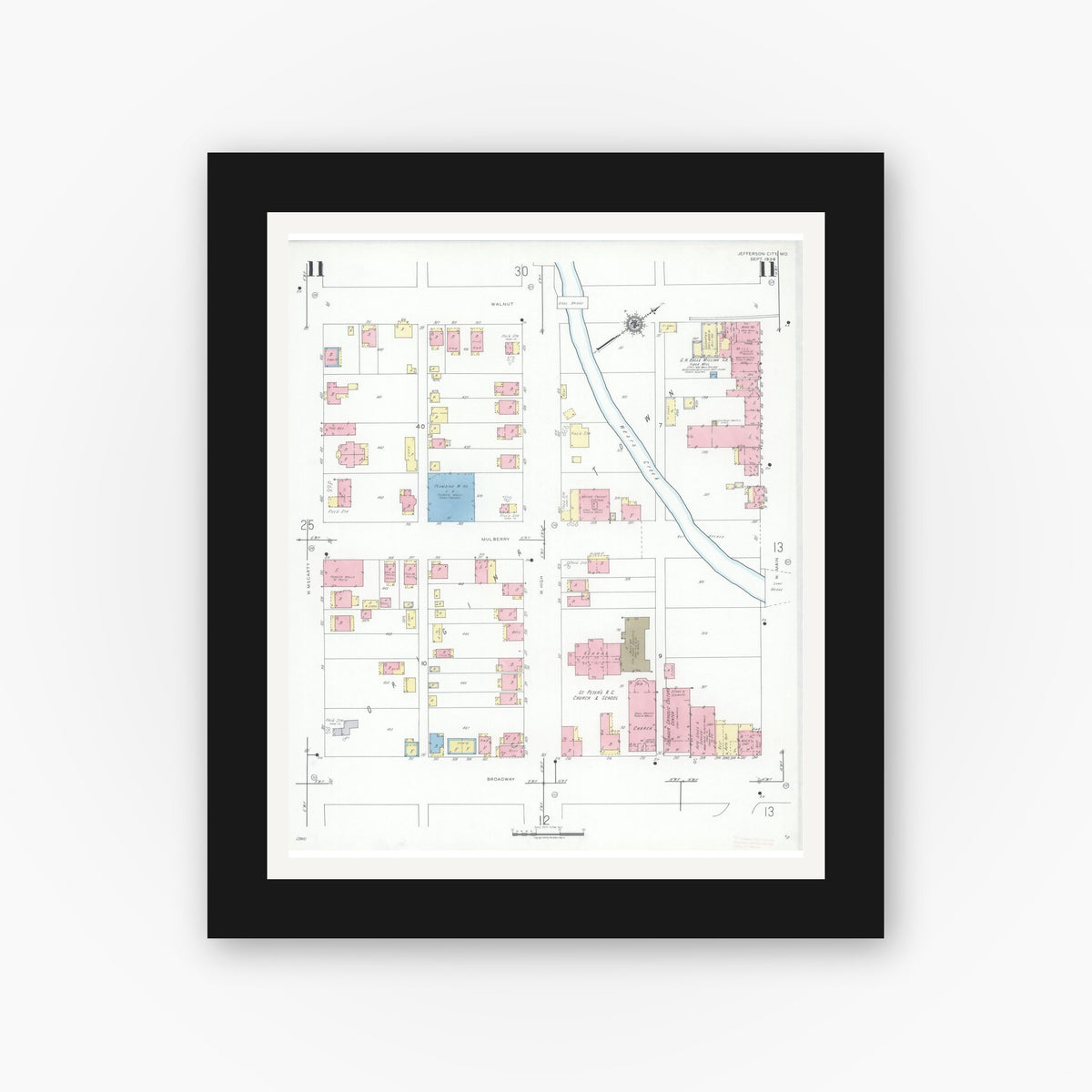 Old map wall art mockup — black gallery frame with white mat — Sanborn Fire Insurance Map from Jefferson City, Cole County, Missouri (1939), Sheet #0011