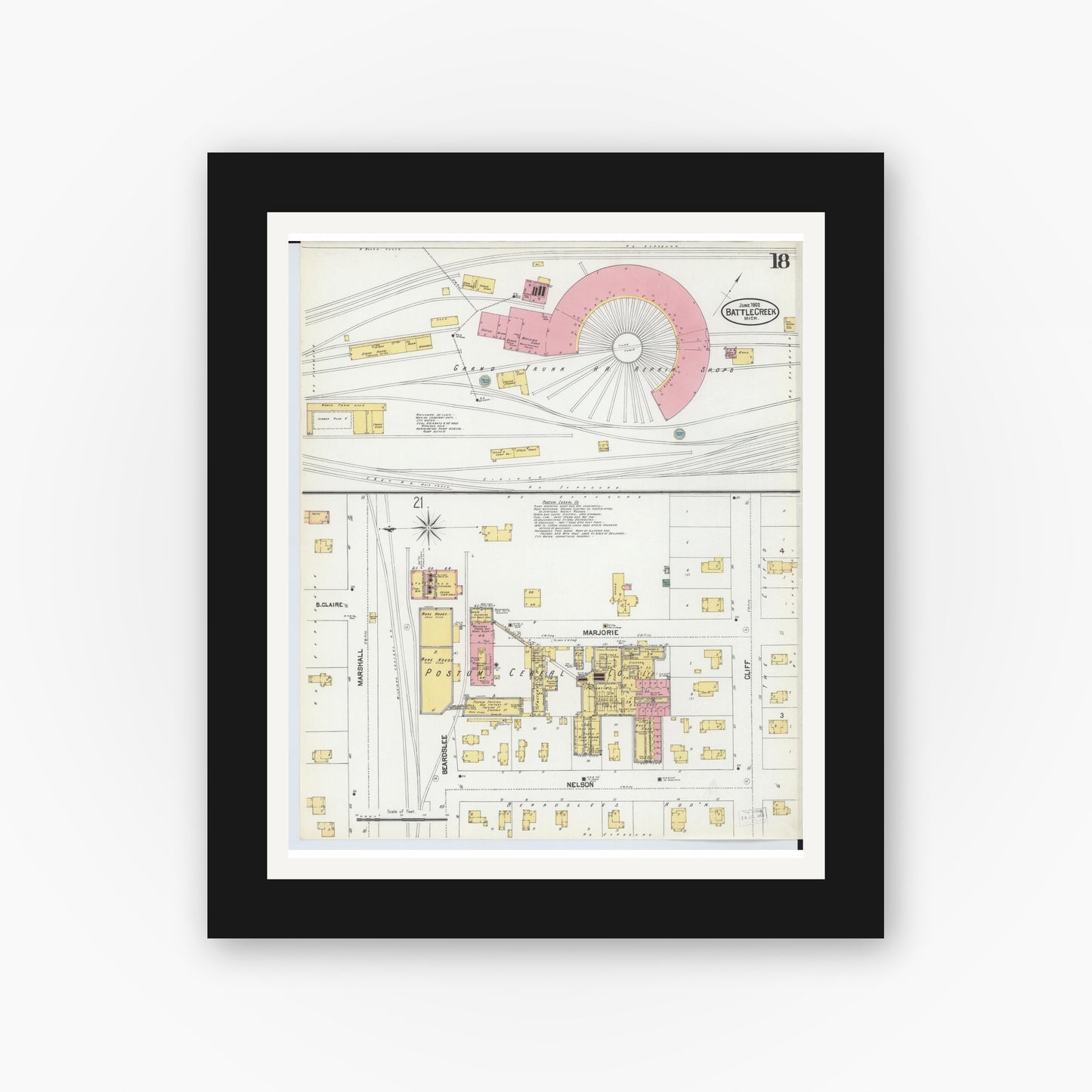 Old map wall art mockup — black gallery frame with white mat — Sanborn Fire Insurance Map from Battle Creek, Calhoun County, Michigan (1902), Sheet #0018